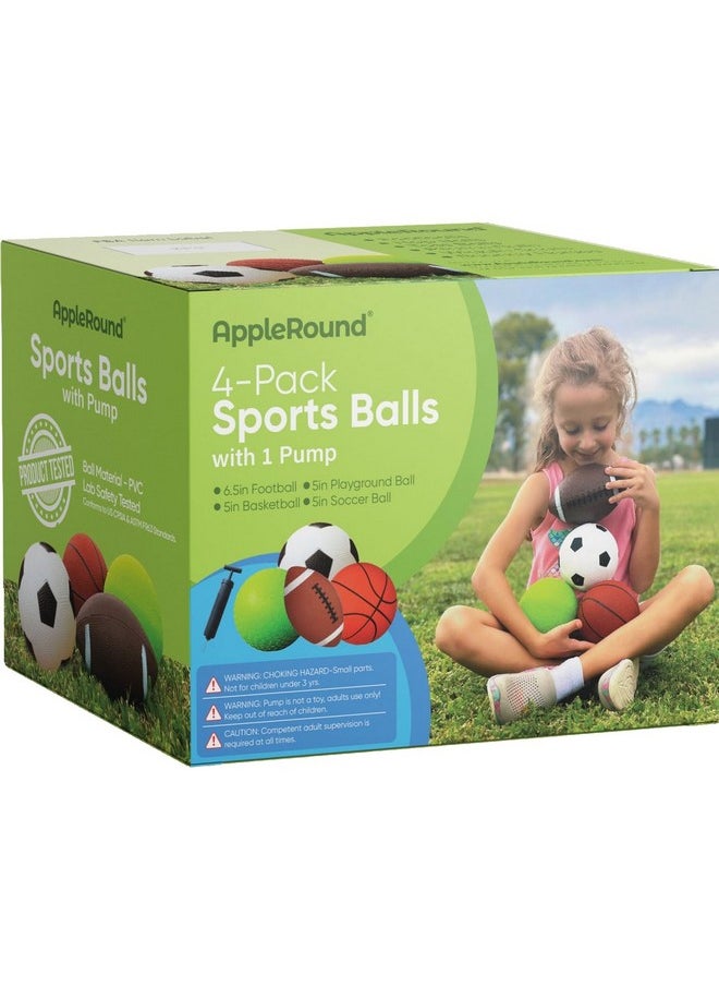 AppleRound Pack of 4 Sports Balls with 1 Pump for Toddlers and Kids: 1 Each of 5-Inch Soccer Ball, 5-Inch Basketball, 5-Inch Playground Ball, and 6.5-Inch Football