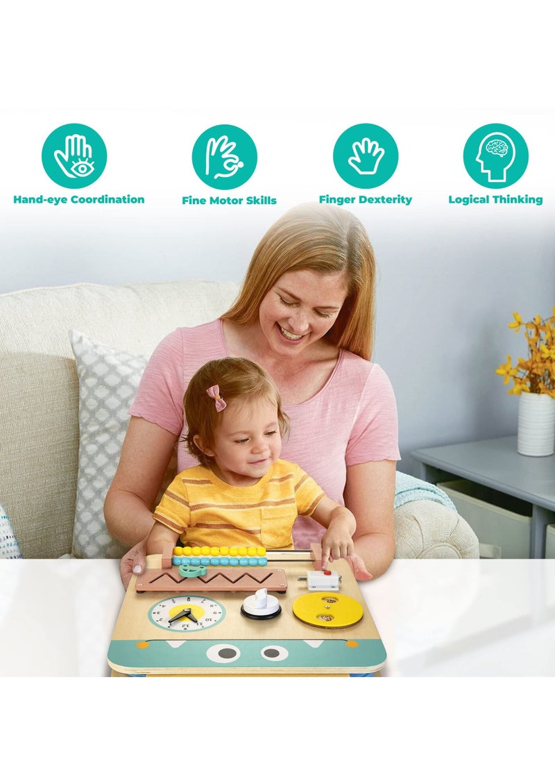 SYOSI Wooden Busy Board for Kids, Montessori Busy Board Toys for 2 3 4 Years Old, Educational Toddler Activities to Develop Fine Motor Skills Sensory Toys for Plane and Car Journey, Boy & Girl Gift