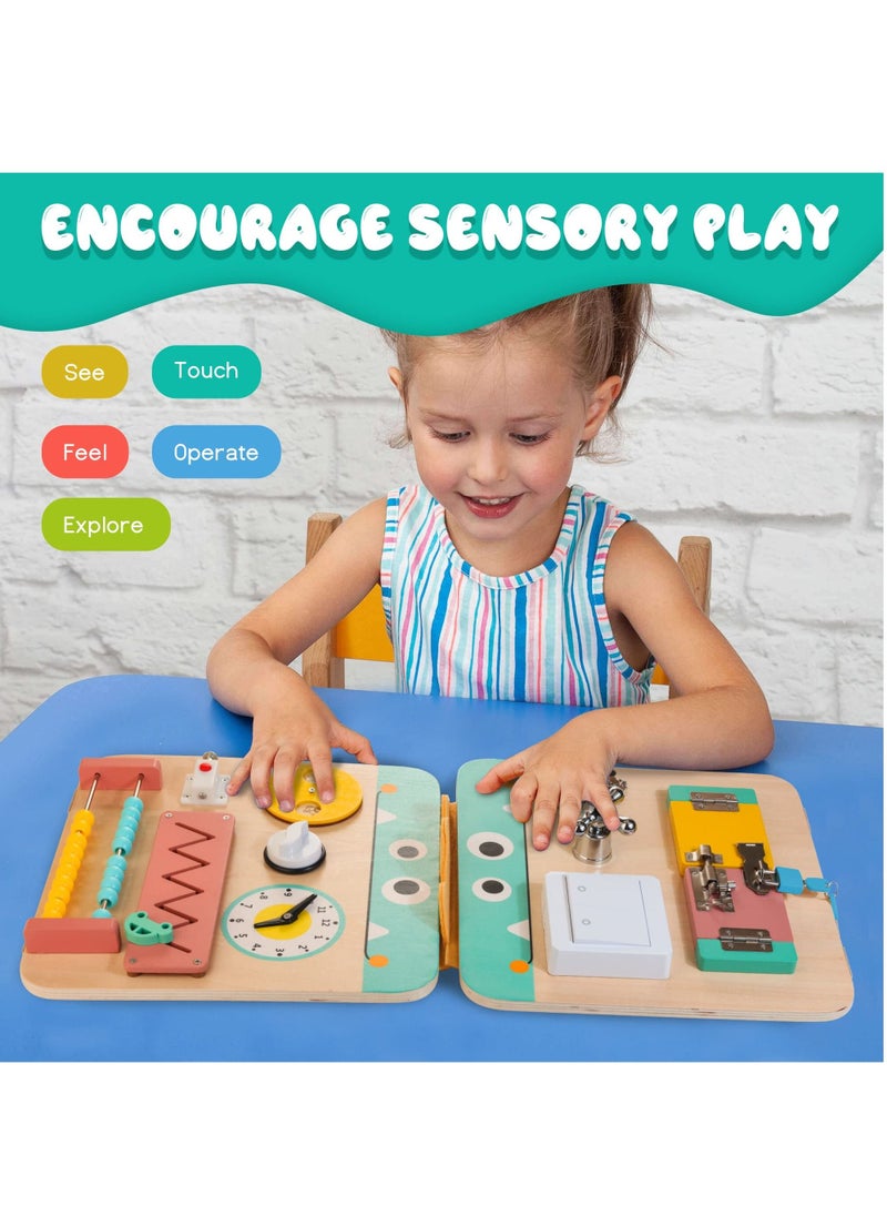 SYOSI Wooden Busy Board for Kids, Montessori Busy Board Toys for 2 3 4 Years Old, Educational Toddler Activities to Develop Fine Motor Skills Sensory Toys for Plane and Car Journey, Boy & Girl Gift