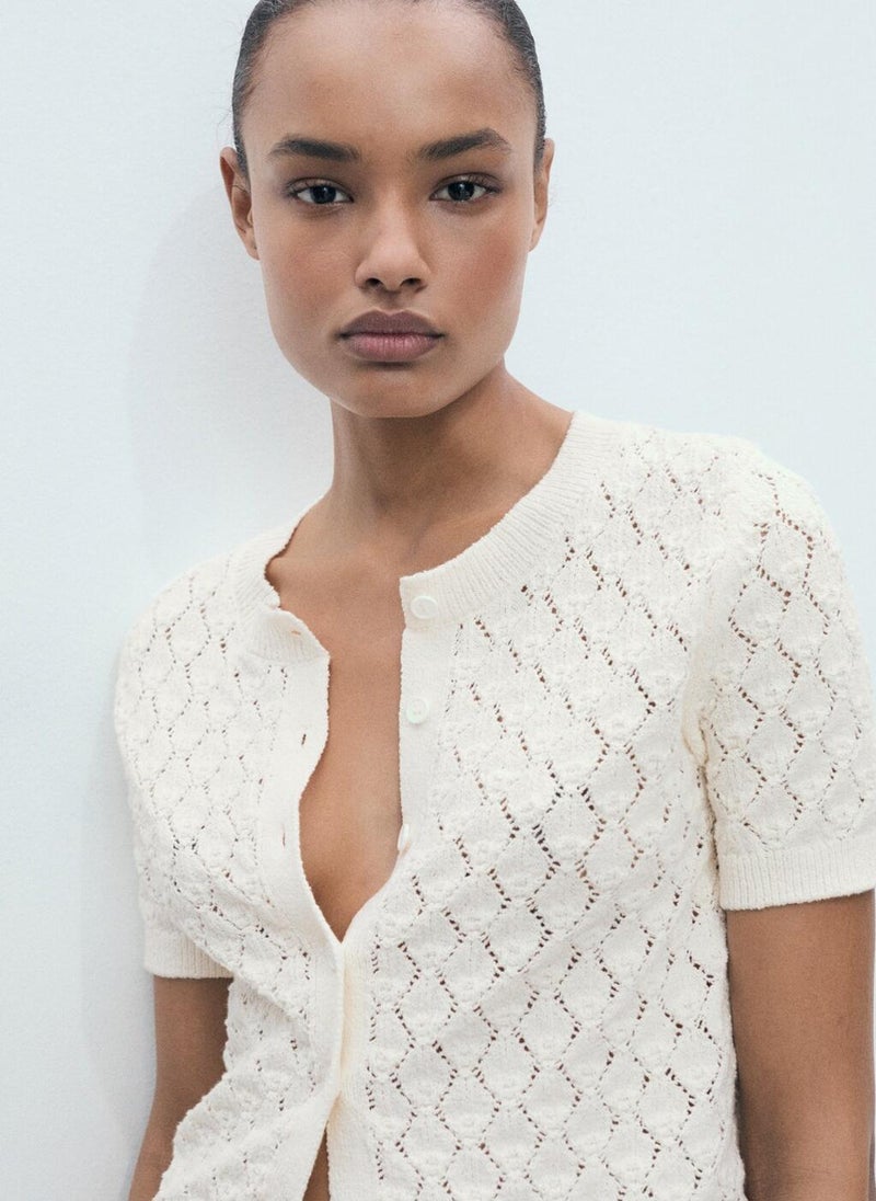 Short-Sleeved Openwork Knitted Cardigan
