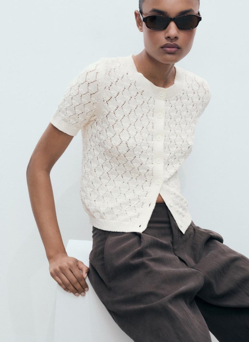 Short-Sleeved Openwork Knitted Cardigan