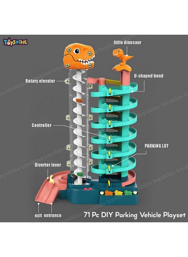 Toyshine 71 Pc DIY Tower Cars Garage Parking Vehicle Adventure Playset Toy with Moving T-Rex Dinosaur for age 3+