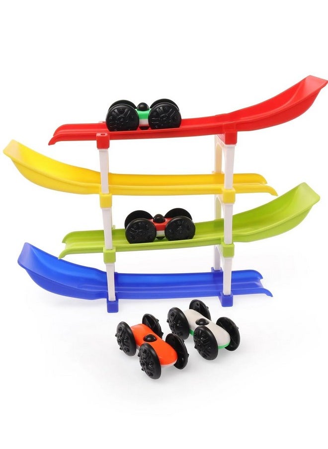 Goyal's Rolling & Flipping Race Car Track Toy for Toddler Vehicle Set with 4 Racer Cars Fine Motor Skill Montessori Building Learning Toys - Multicolor (4 Cars)