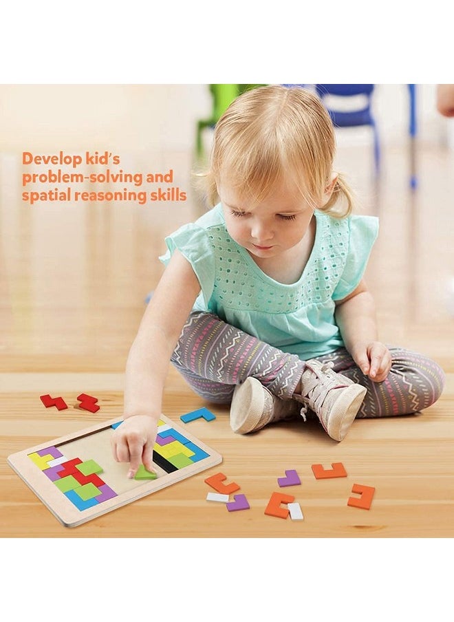 Smoneo Wooden Tetris 3D Jigsaw Puzzle Brain Teasers Tangram Game Intelligence Colorful 3D Russian Blocks Montessori Education Toy for Boys & Girls Educational Gift for Kids