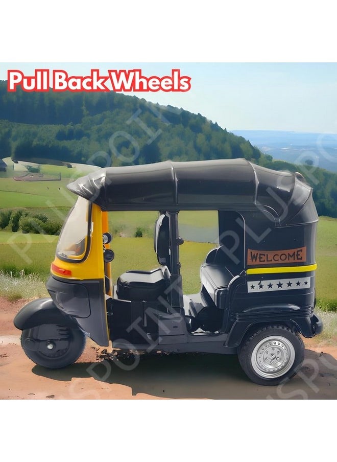 PLUSPOINT Auto Rickshaw Toy,with Pull Back Action City Traffic Vehicles Public Transport Toy with Light and Sound for Aged 3 4 5 6 Boys and Girls,Kids Party Favors Gifts (Auto Rickshaw) (Black)