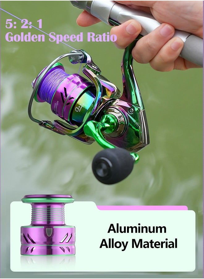 Fishing Reel, Colorful Aluminum Spinning Reels 5.2:1 Gear Ratio, Over 8KG Carbon Drag Ultra Smooth Powerful, CNC Aluminum Spool for Saltwater or Freshwater Fishing(PC2000)
