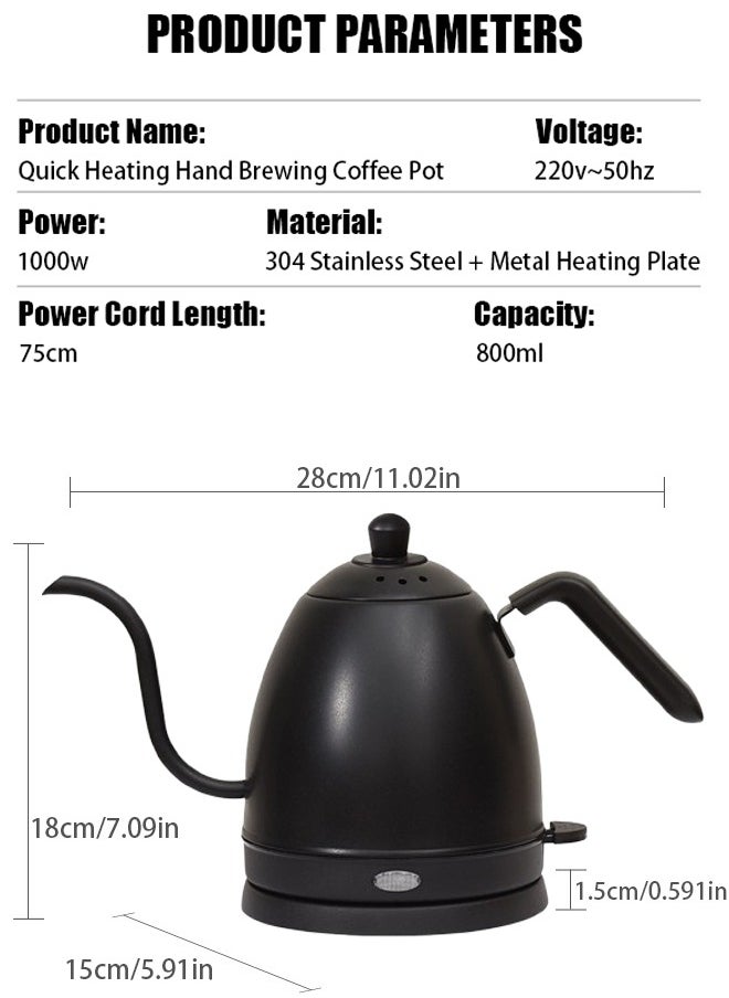 Electric Gooseneck Kettle 800ml Ultra Fast Boiling Hot Water Kettle Stainless Steel Electric Kettle Automatic Temperature Control and Constant Temperature 1000w (Black)