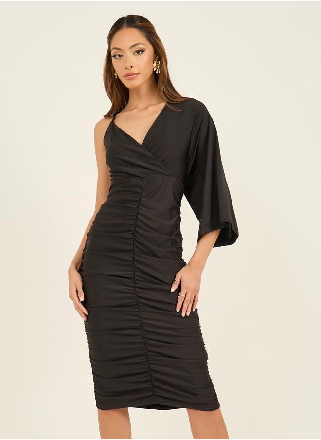 One Sleeve Gathered Detail Bodycon Midi Dress
