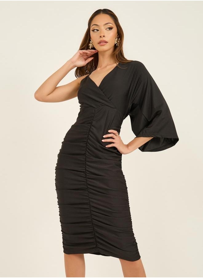 One Sleeve Gathered Detail Bodycon Midi Dress