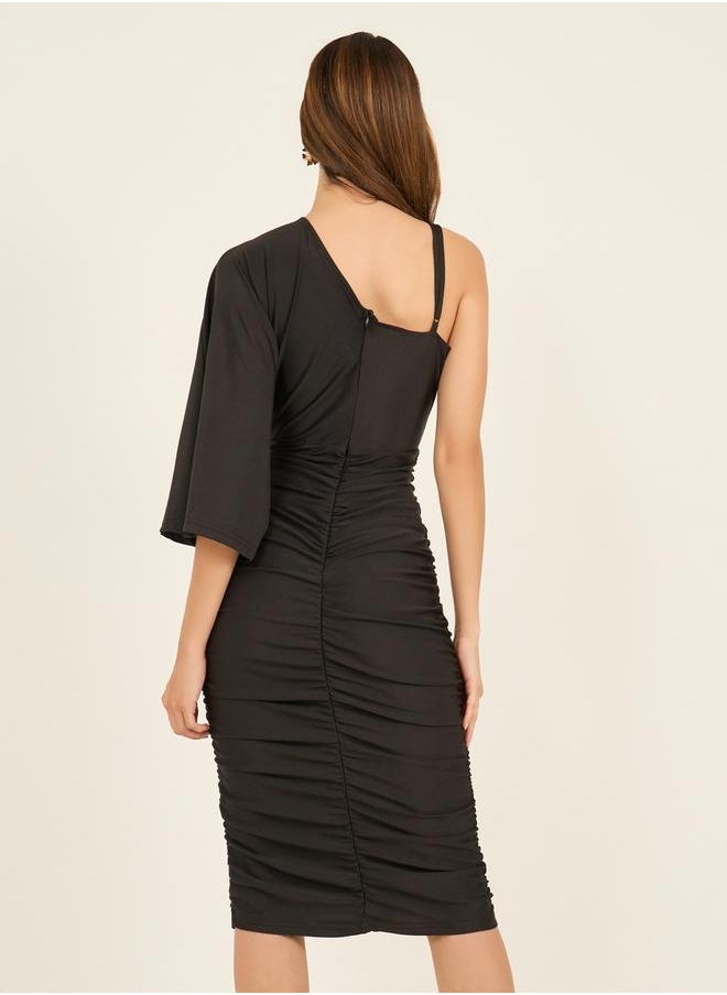 One Sleeve Gathered Detail Bodycon Midi Dress