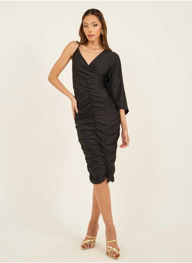 One Sleeve Gathered Detail Bodycon Midi Dress