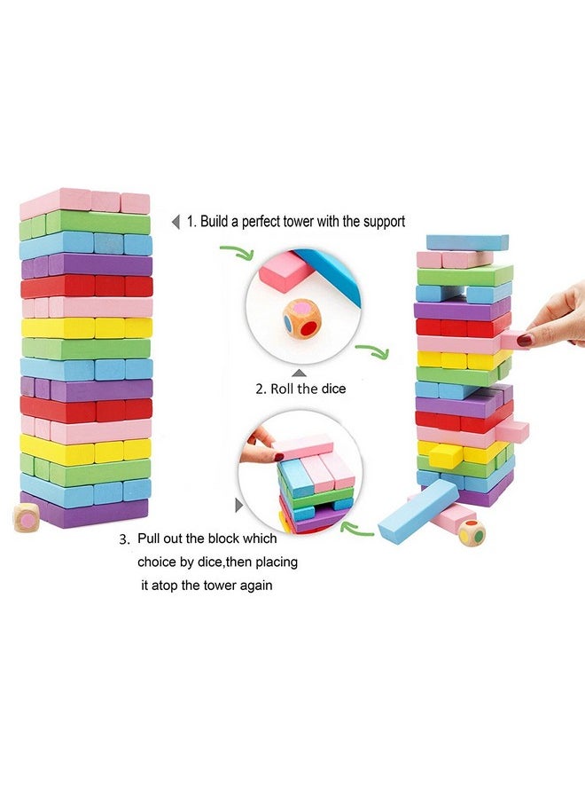 Magicwand® 54 Pcs Wooden Stacking Blocks Toy with 4 Dices Blocks Toy with 4 Dices【Pack of 1 Set】【】… (54 Pc Colored Blocks)