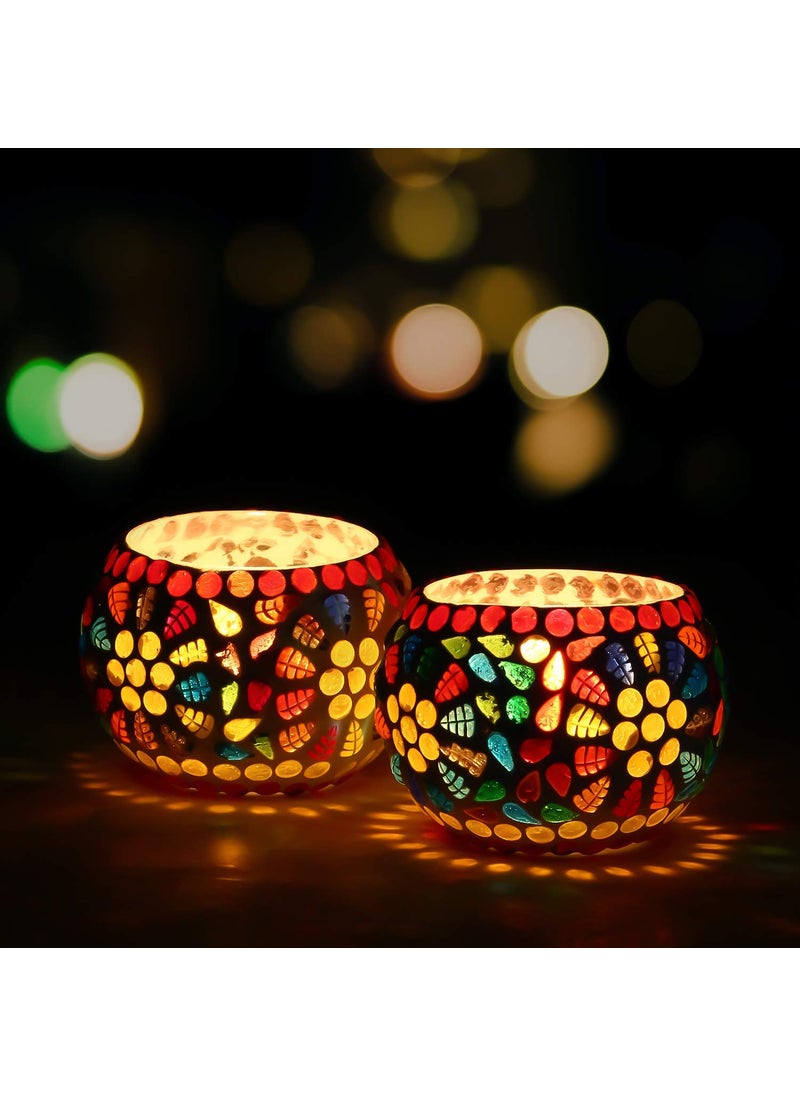 WebelKart Set of 2 Mosaic Glass TeaLight Votive Candle Holder with Tea Light Candles for Living Room Table Home Decor Indoor Outdoor - Christmas Decorations Items (Multicolor, Glass)