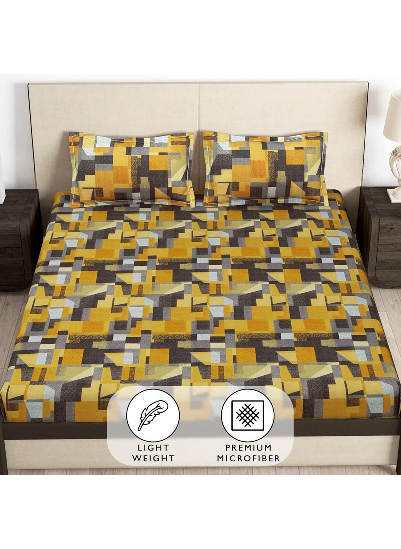 Story@Home Bedsheet King Size Bed | Microfiber | Geometric | Elastic bedsheets for King Size Bed with 2 Pillow Covers (182x198 cm, Mustard) Fitted bedsheets King Size | King Size bedsheets
