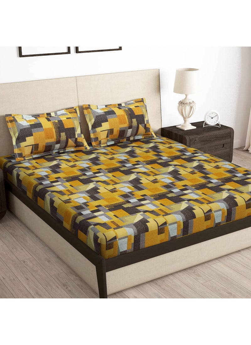 Story@Home Bedsheet King Size Bed | Microfiber | Geometric | Elastic bedsheets for King Size Bed with 2 Pillow Covers (182x198 cm, Mustard) Fitted bedsheets King Size | King Size bedsheets