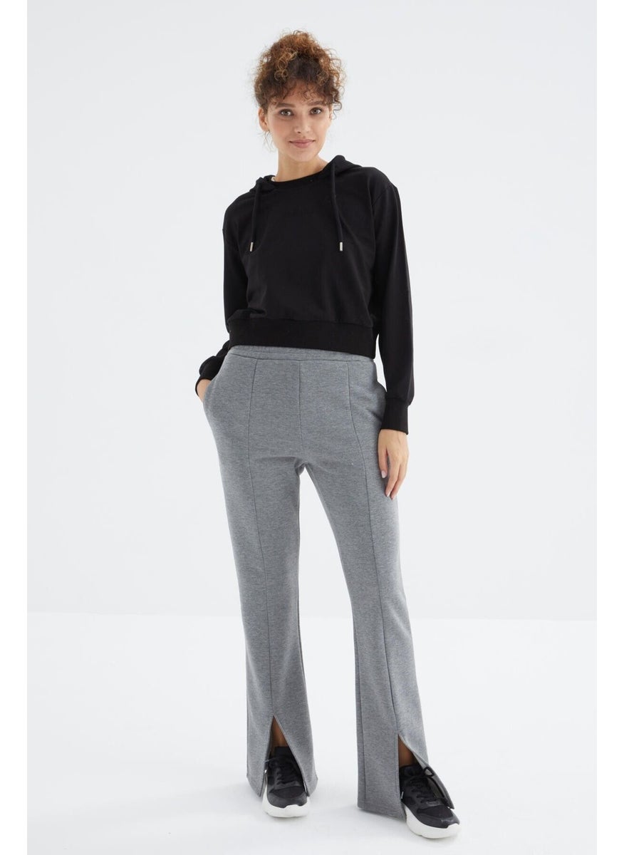 Gray Melange High Waist Front Slit Detail Side Pocket Comfortable Form Women's Tracksuit Bottom - 94625