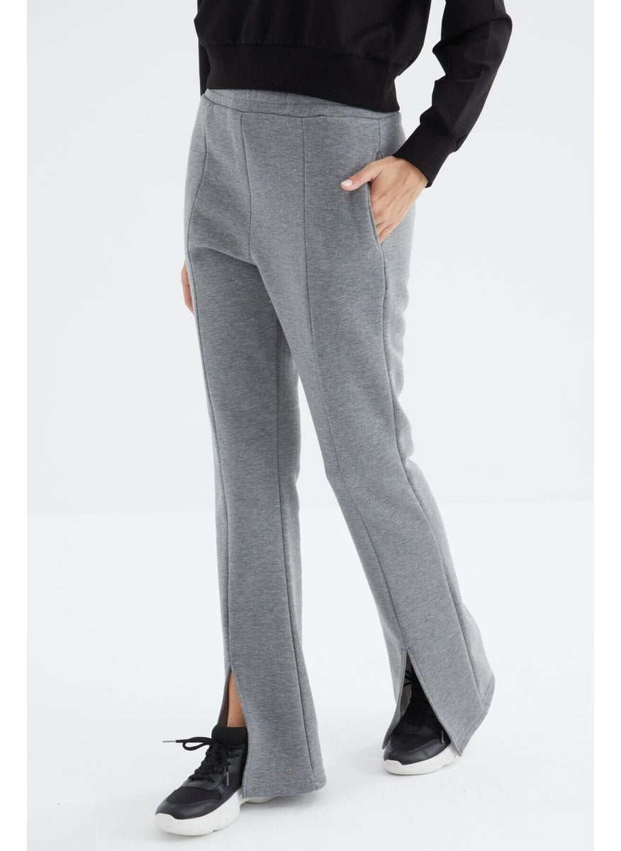 Gray Melange High Waist Front Slit Detail Side Pocket Comfortable Form Women's Tracksuit Bottom - 94625