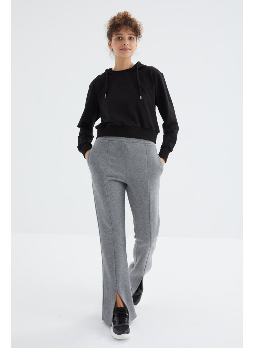 Gray Melange High Waist Front Slit Detail Side Pocket Comfortable Form Women's Tracksuit Bottom - 94625