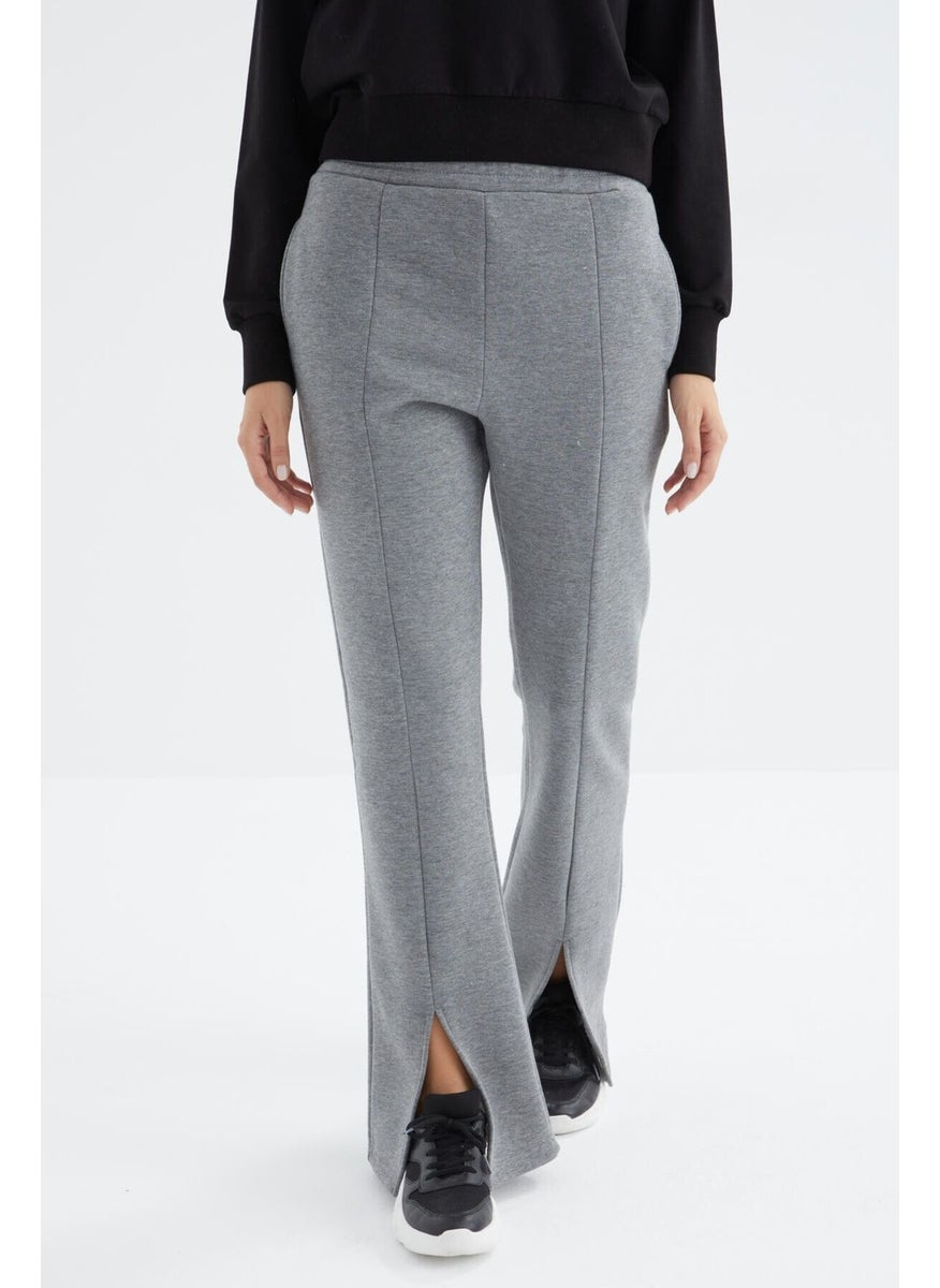 Gray Melange High Waist Front Slit Detail Side Pocket Comfortable Form Women's Tracksuit Bottom - 94625