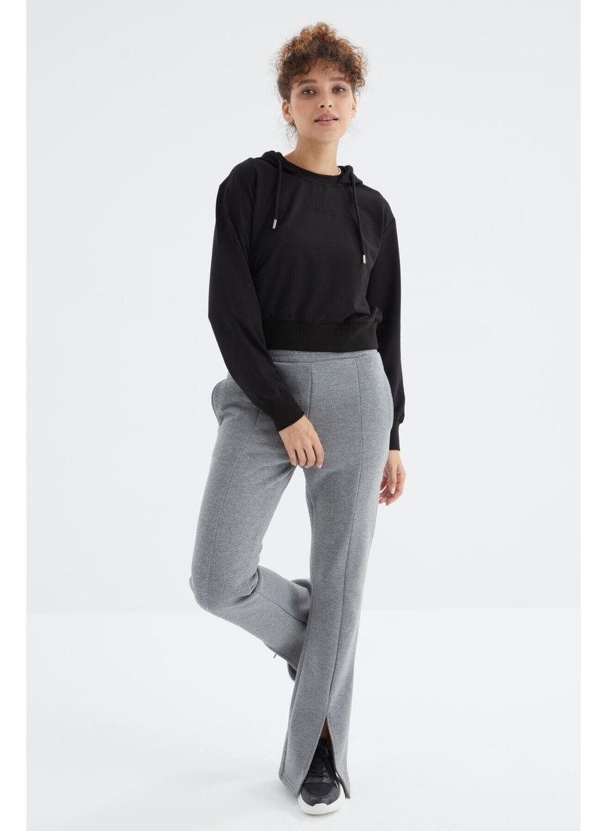 Gray Melange High Waist Front Slit Detail Side Pocket Comfortable Form Women's Tracksuit Bottom - 94625