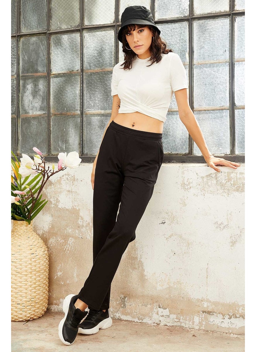 Black High Waist Pocket Comfortable Form Classic Leg Women's Tracksuit Bottom - 94584