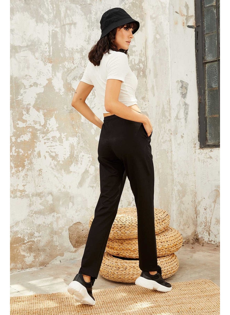 Black High Waist Pocket Comfortable Form Classic Leg Women's Tracksuit Bottom - 94584