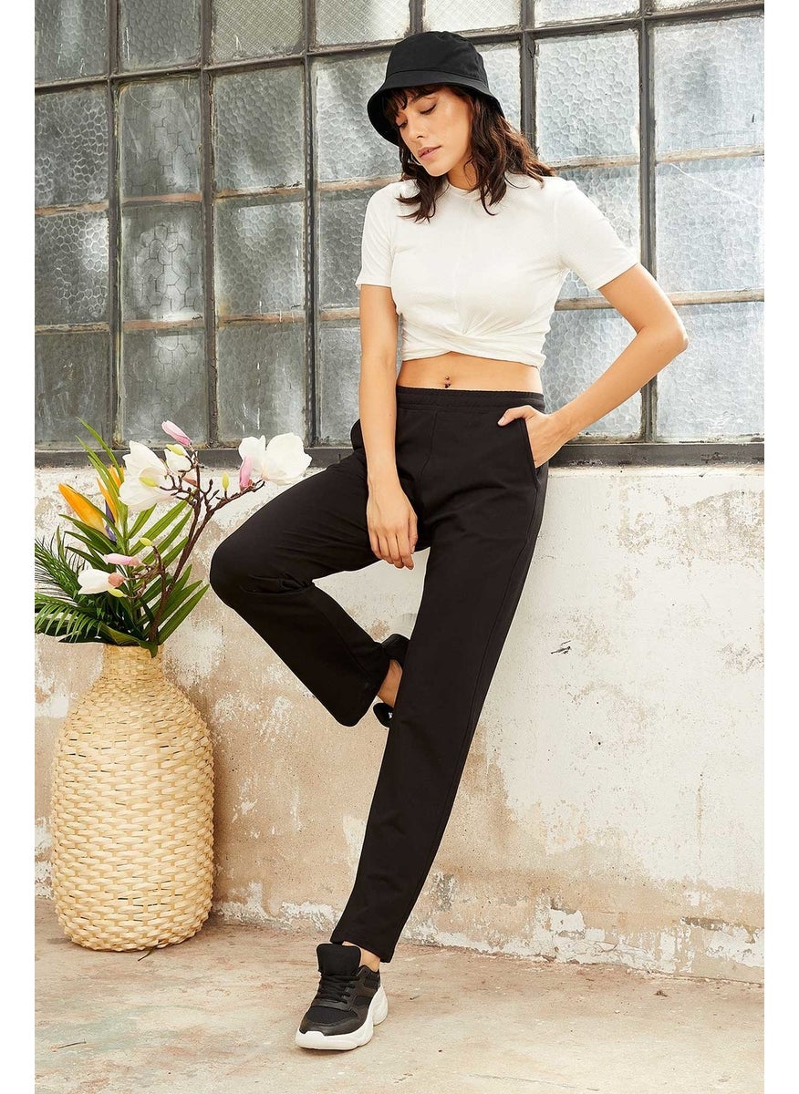Black High Waist Pocket Comfortable Form Classic Leg Women's Tracksuit Bottom - 94584