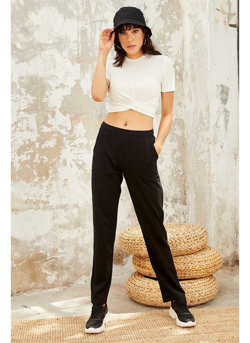 Black High Waist Pocket Comfortable Form Classic Leg Women's Tracksuit Bottom - 94584