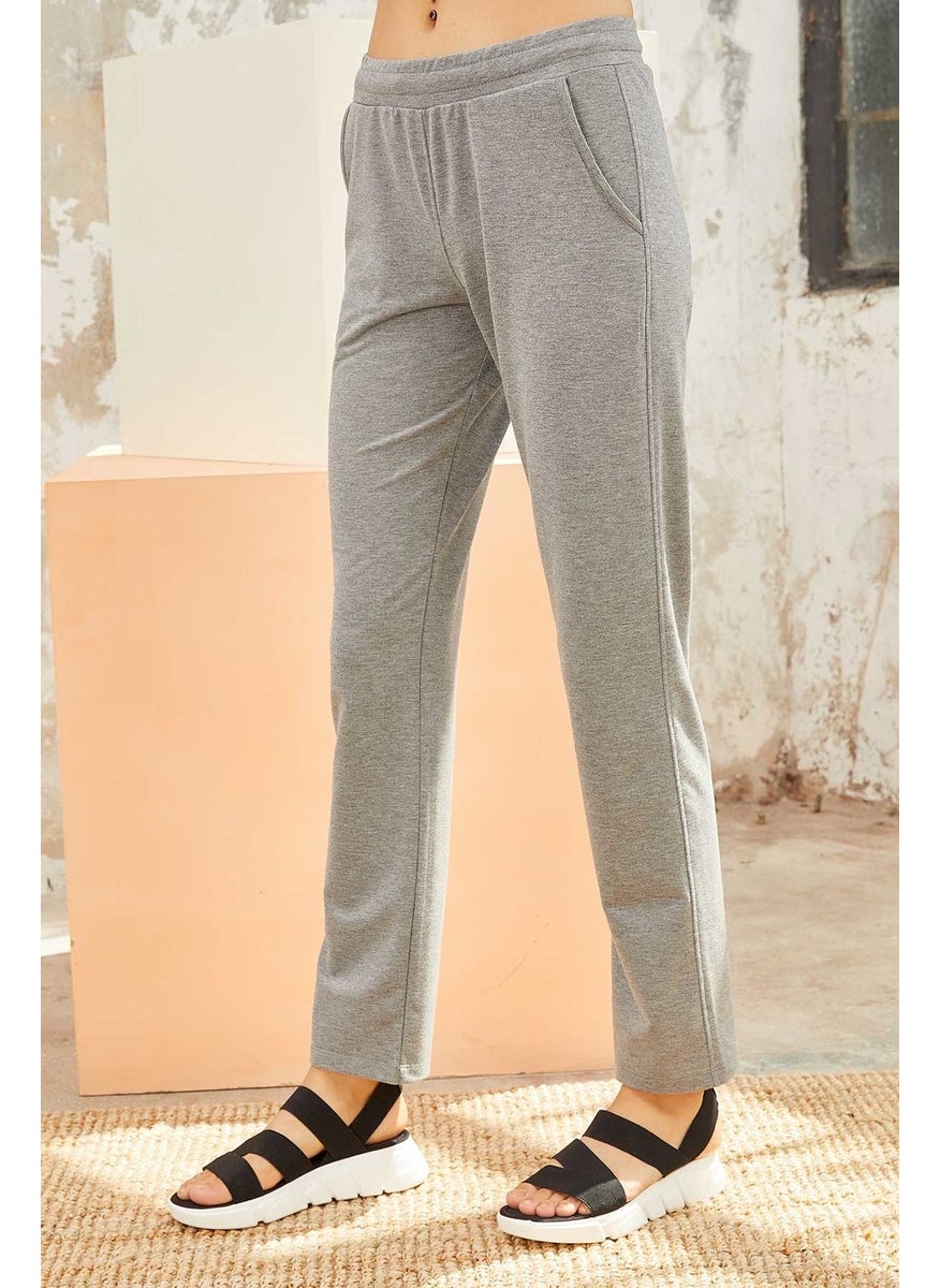 Gray Melange Women's High Waist Pocket Standard Fit Classic Leg Tracksuit Bottom-94584