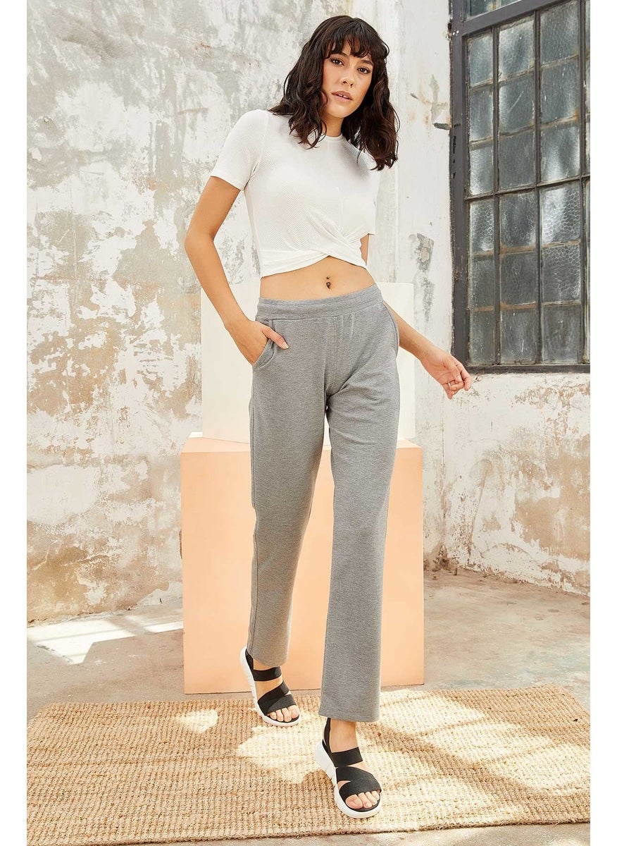 Gray Melange Women's High Waist Pocket Standard Fit Classic Leg Tracksuit Bottom-94584