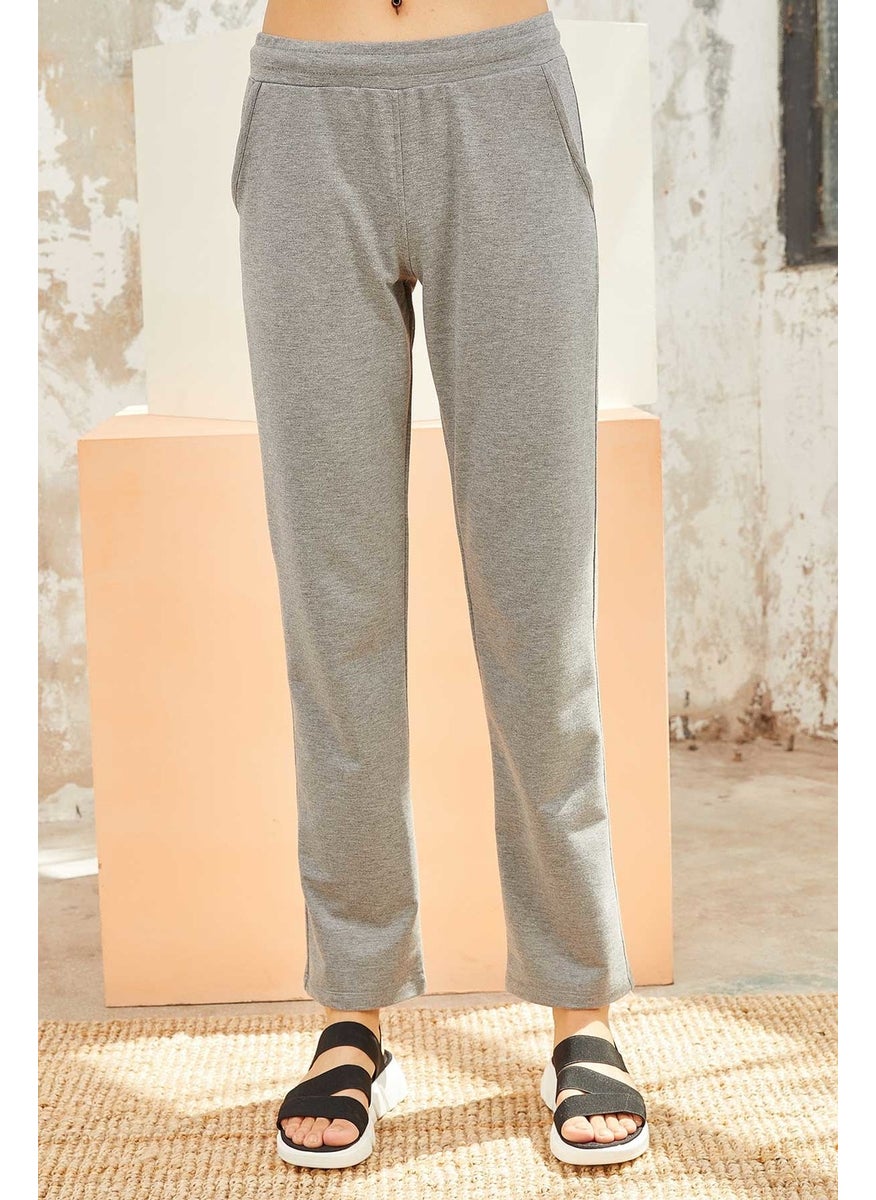 Gray Melange Women's High Waist Pocket Standard Fit Classic Leg Tracksuit Bottom-94584