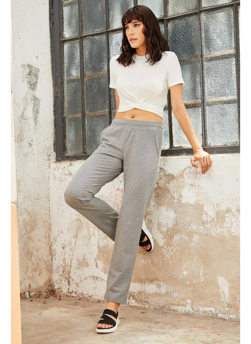 Gray Melange Women's High Waist Pocket Standard Fit Classic Leg Tracksuit Bottom-94584