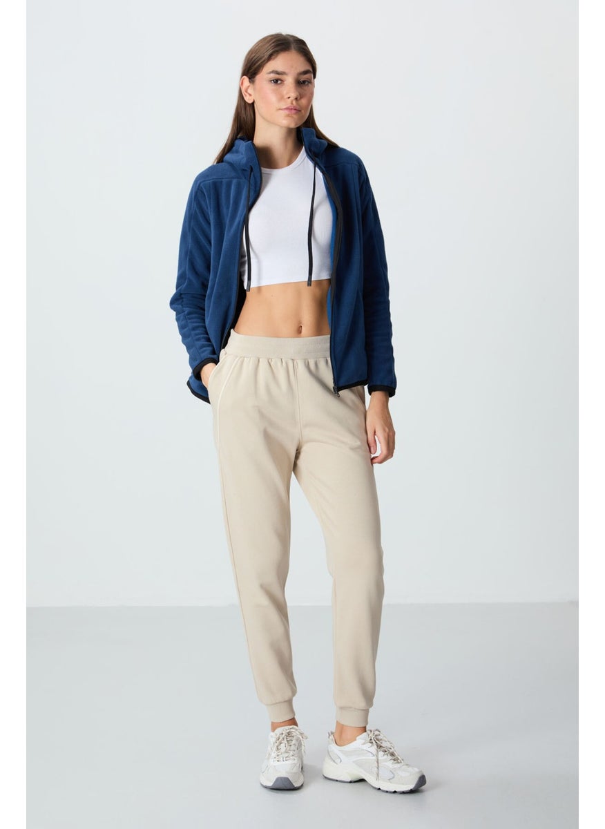 Beige Compact Cotton Thick Smooth Textured Standard Fit Women's Sweatpants - 94660