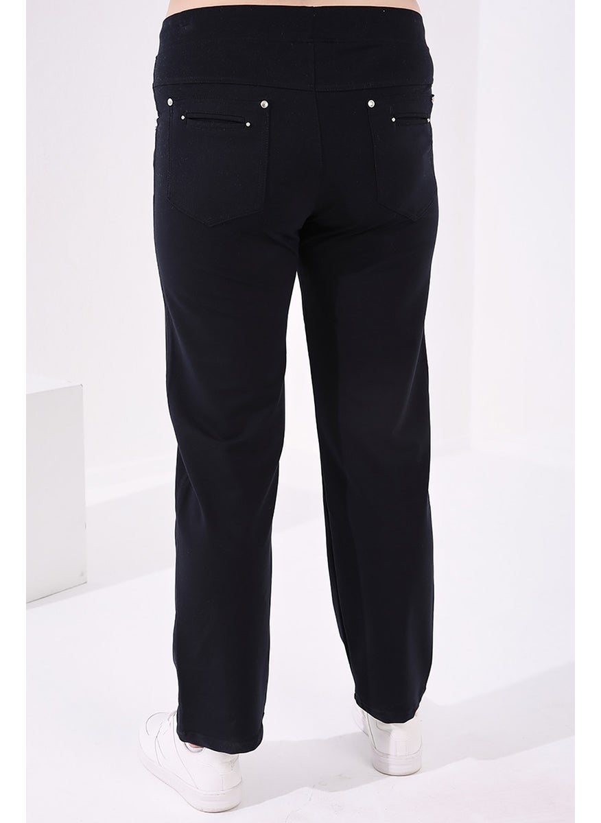 Navy Blue Women's Stone Detailed Pocket Comfortable Form Classic Leg Plus Size Tracksuit Bottom-94040