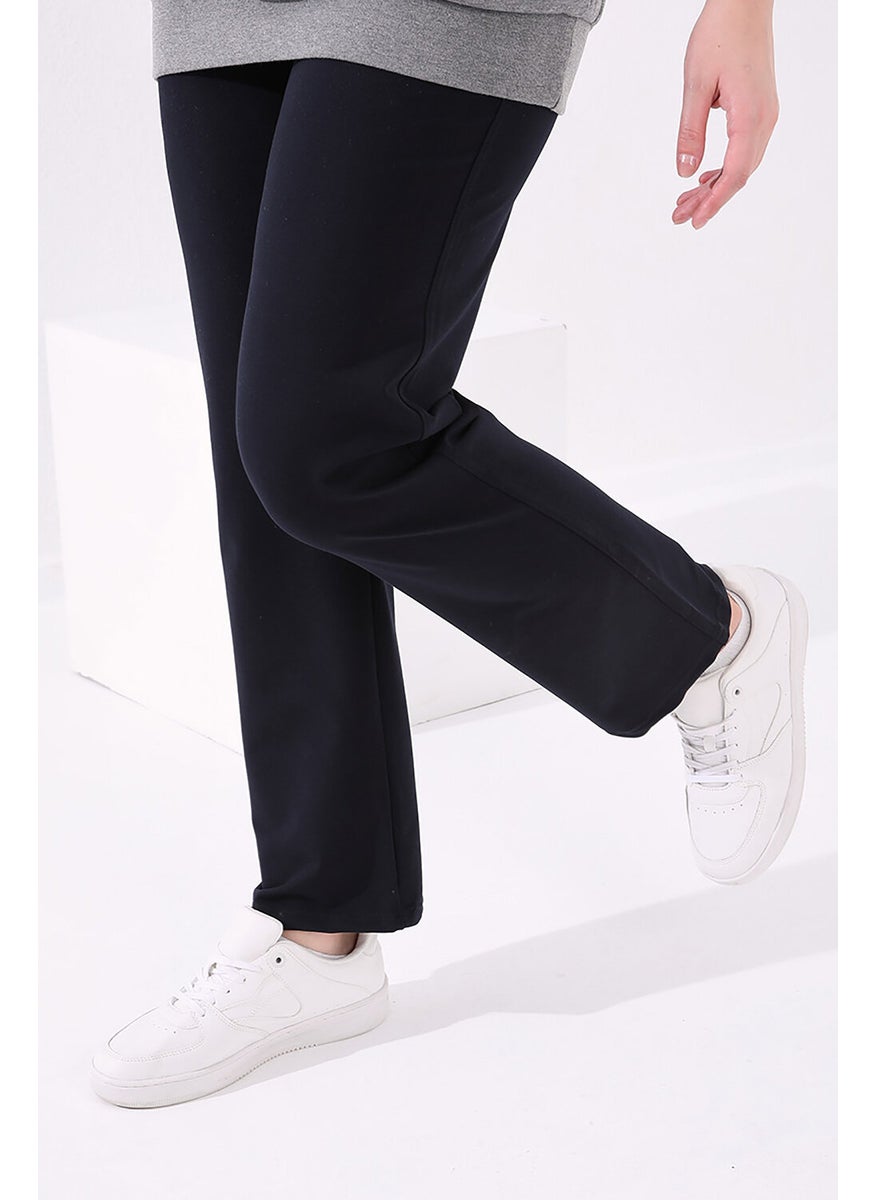 Navy Blue Women's Stone Detailed Pocket Comfortable Form Classic Leg Plus Size Tracksuit Bottom-94040