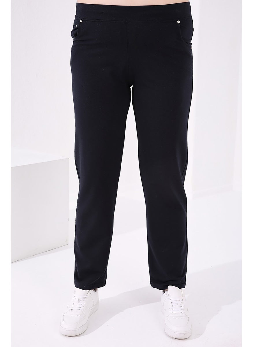 Navy Blue Women's Stone Detailed Pocket Comfortable Form Classic Leg Plus Size Tracksuit Bottom-94040
