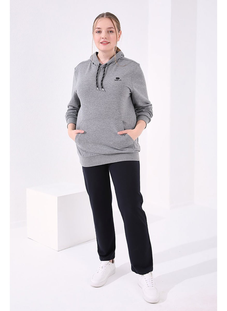 Navy Blue Women's Stone Detailed Pocket Comfortable Form Classic Leg Plus Size Tracksuit Bottom-94040