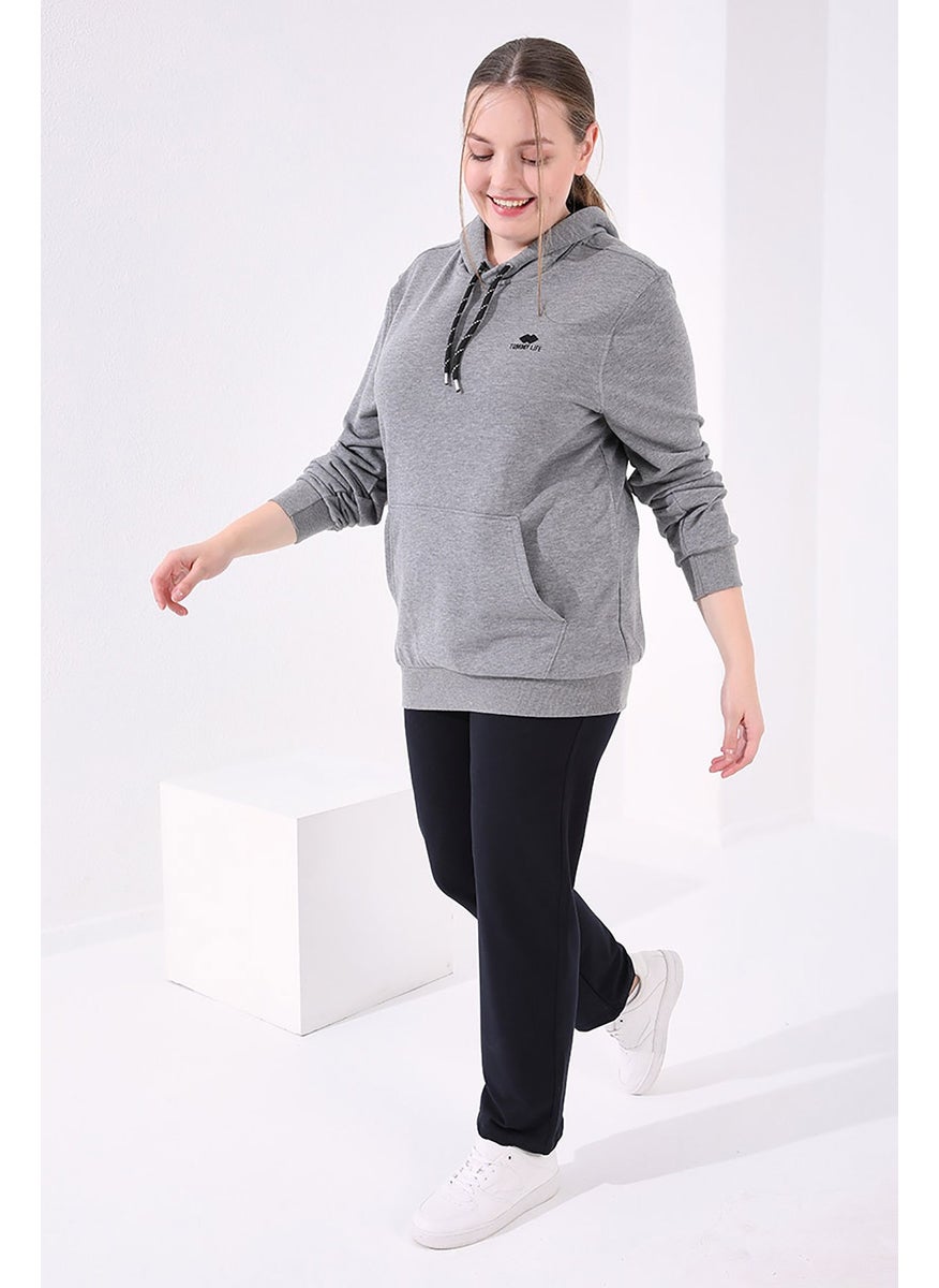 Navy Blue Women's Stone Detailed Pocket Comfortable Form Classic Leg Plus Size Tracksuit Bottom-94040
