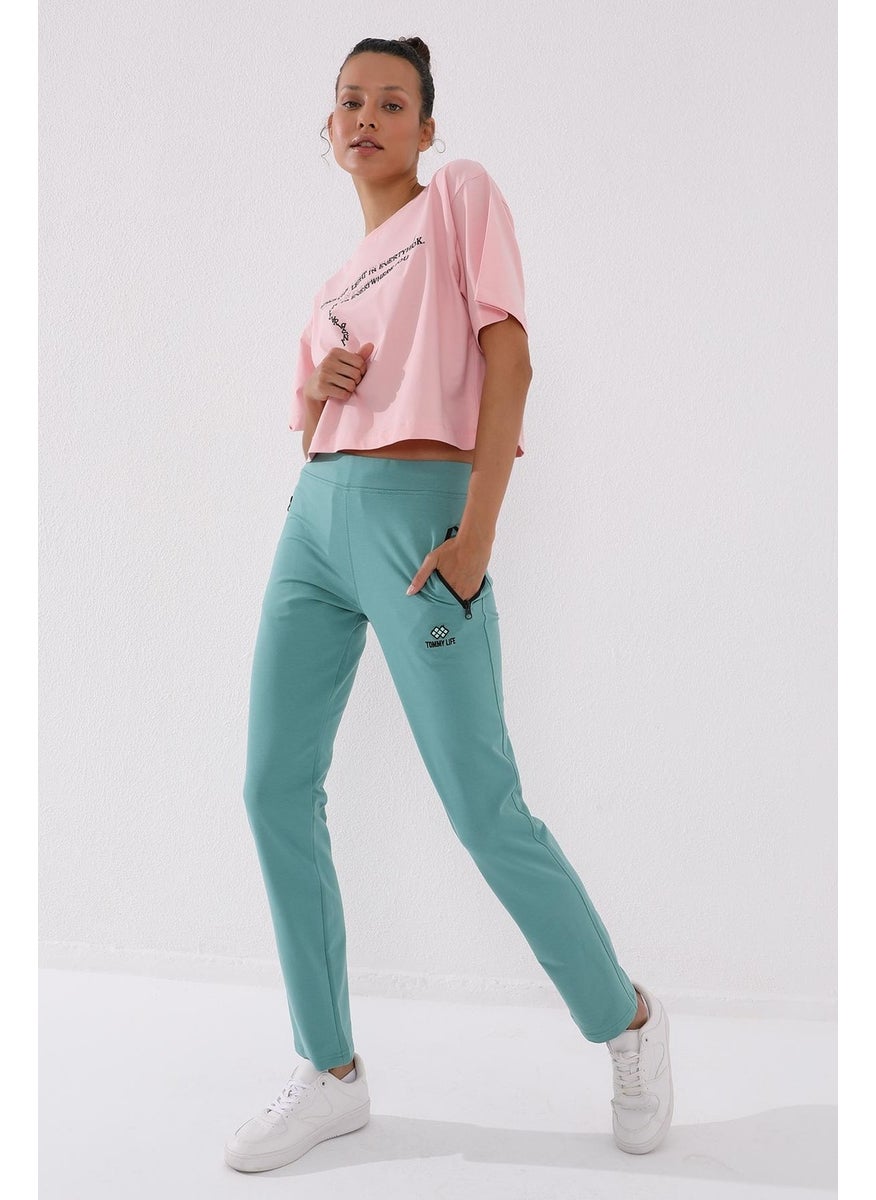 Mint Green Women's Zipper Pocket Slim Fit Classic Leg Tracksuit Bottom - 94195