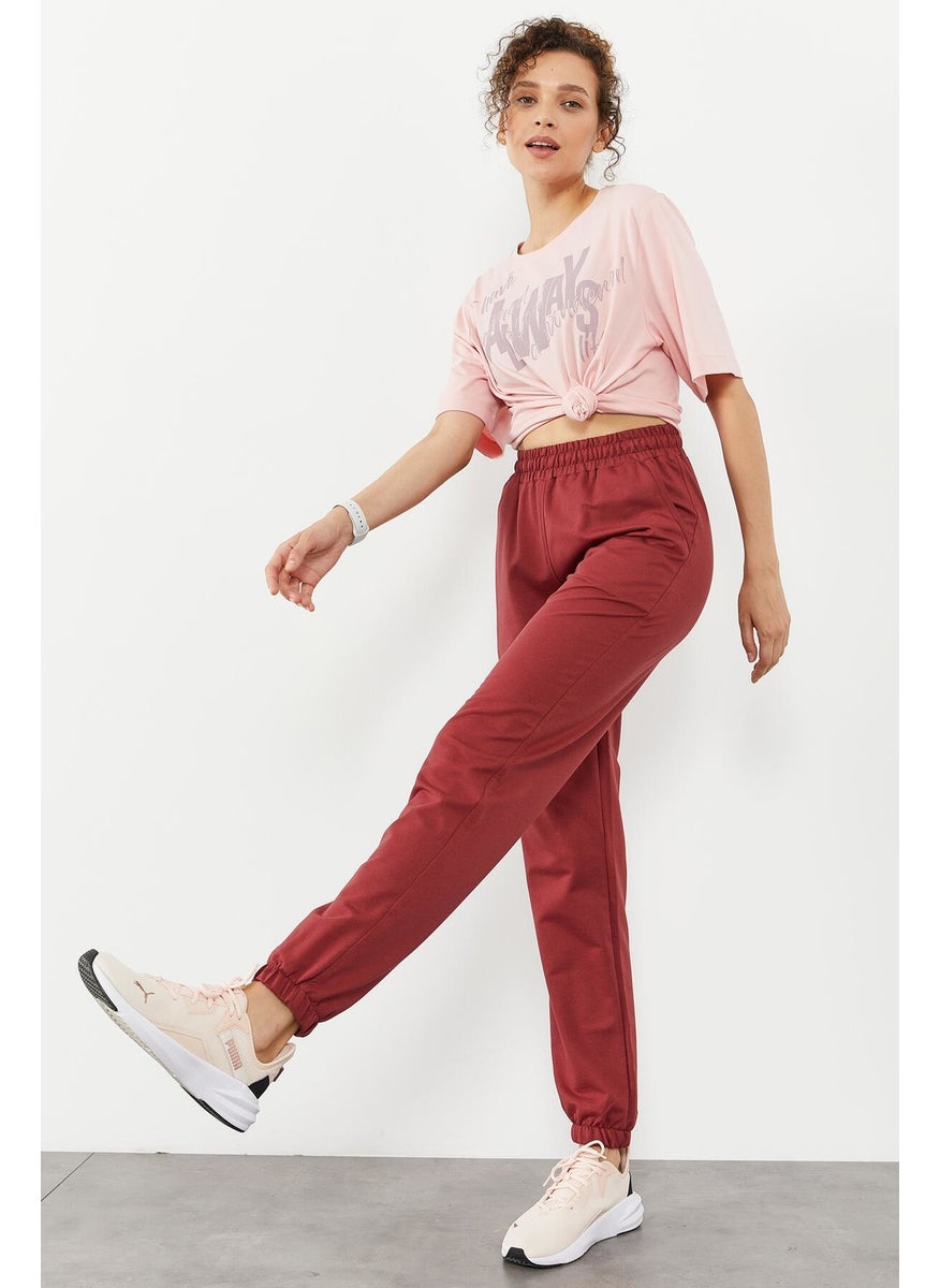 Claret Red Women's Pocket High Waist Standard Mold Elastic Leg Tracksuit Bottom-94583