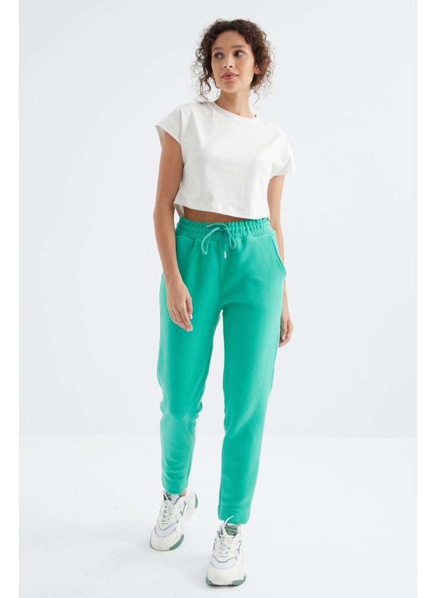 Sea Green High Waist Comfortable Form Wide Leg Pocket Women's Fleece Tracksuit Bottom - 94623
