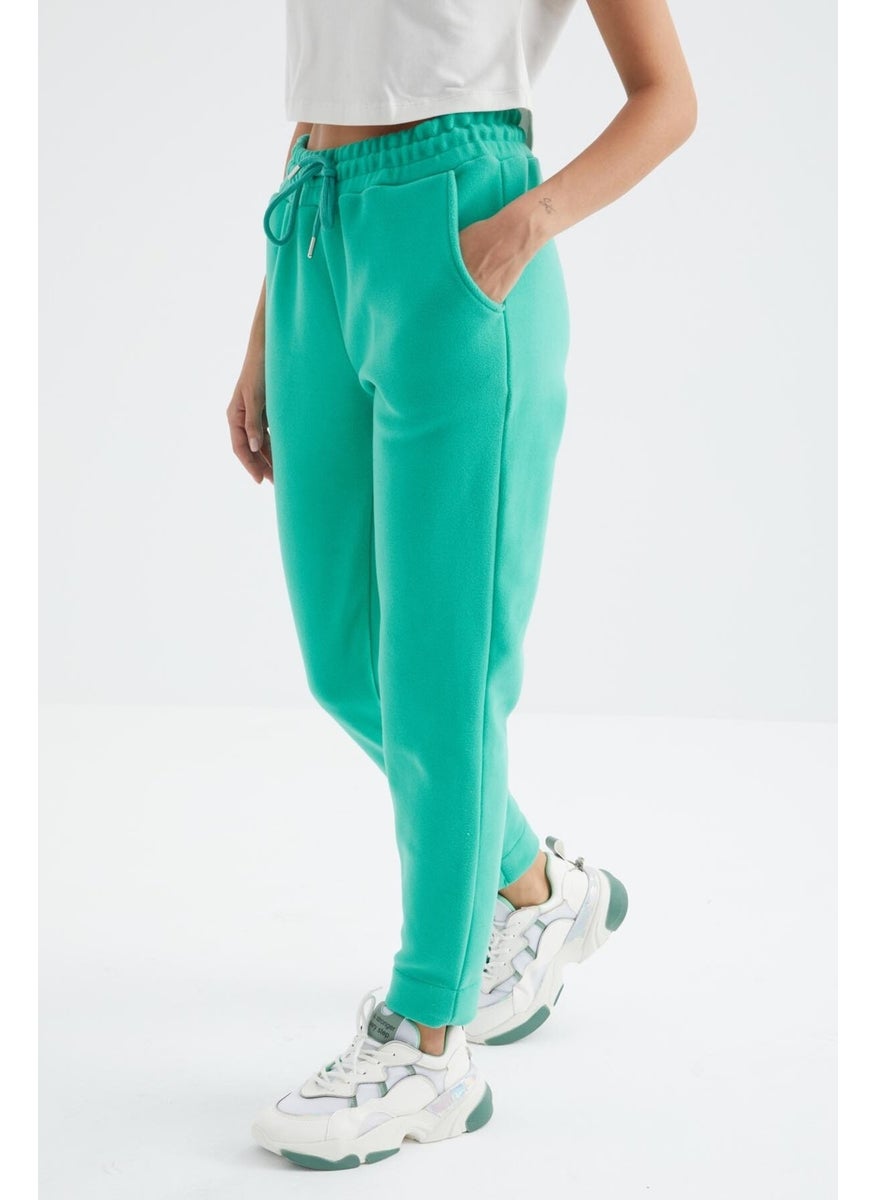 Sea Green High Waist Comfortable Form Wide Leg Pocket Women's Fleece Tracksuit Bottom - 94623