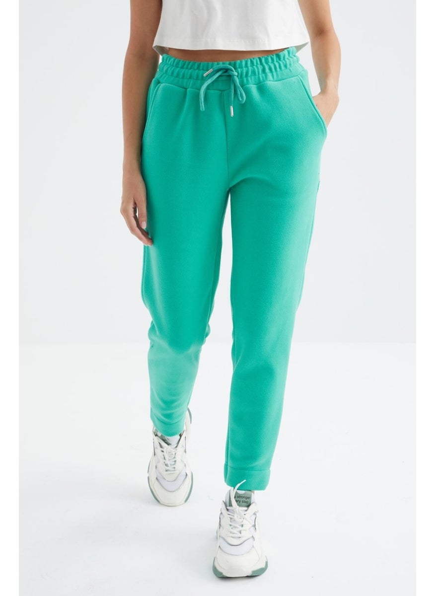 Sea Green High Waist Comfortable Form Wide Leg Pocket Women's Fleece Tracksuit Bottom - 94623
