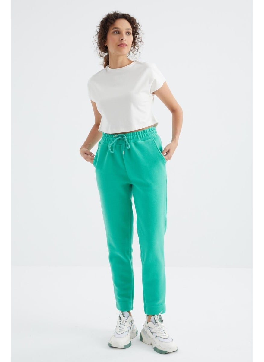 Sea Green High Waist Comfortable Form Wide Leg Pocket Women's Fleece Tracksuit Bottom - 94623