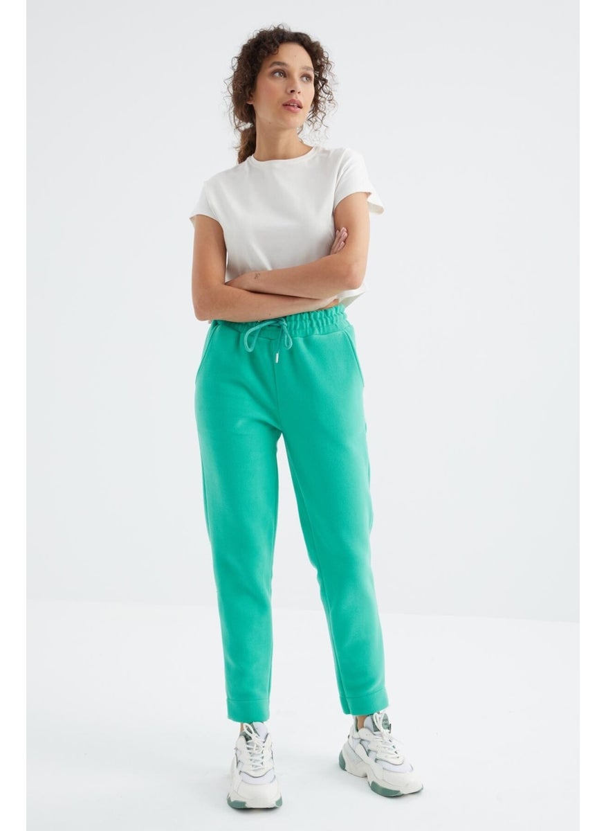 Sea Green High Waist Comfortable Form Wide Leg Pocket Women's Fleece Tracksuit Bottom - 94623
