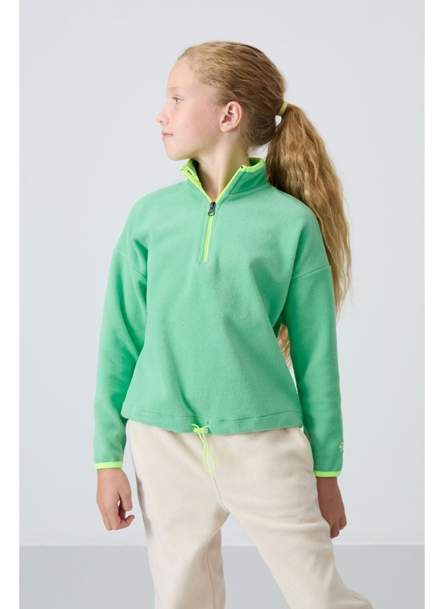 Water Green Thick Soft Texture Standard Fit Embroidered Polar Fleece Girls Sweatshirt - 75151