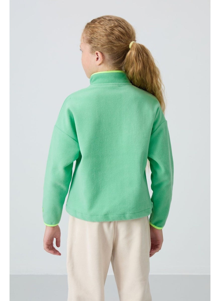 Water Green Thick Soft Texture Standard Fit Embroidered Polar Fleece Girls Sweatshirt - 75151