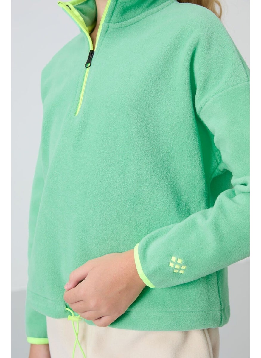 Water Green Thick Soft Texture Standard Fit Embroidered Polar Fleece Girls Sweatshirt - 75151