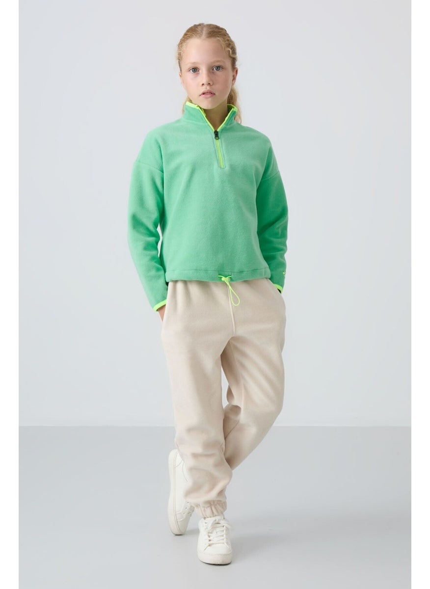 Water Green Thick Soft Texture Standard Fit Embroidered Polar Fleece Girls Sweatshirt - 75151