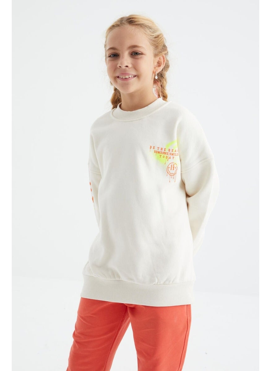 Ecru Printed Detailed O Neck Girls Sweatshirt - 75095